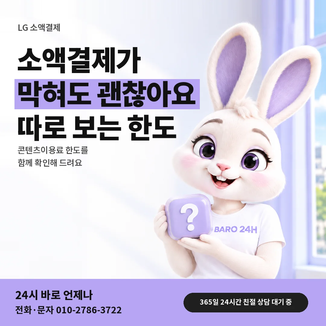 물음표 상자를 든 BARO 24H 티셔츠를 입은 3D 토끼 캐릭터 옆에 「LG 소액결제 막혀도 다시 확인」 제목을 얹은 안내 카드