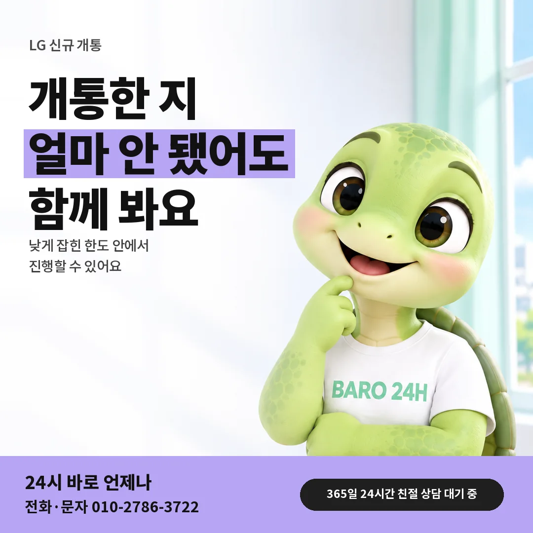 BARO 24H 티셔츠를 입은 3D 거북이 캐릭터 옆에 「LG 신규 가입 한도 정책」 제목을 얹은 안내 카드